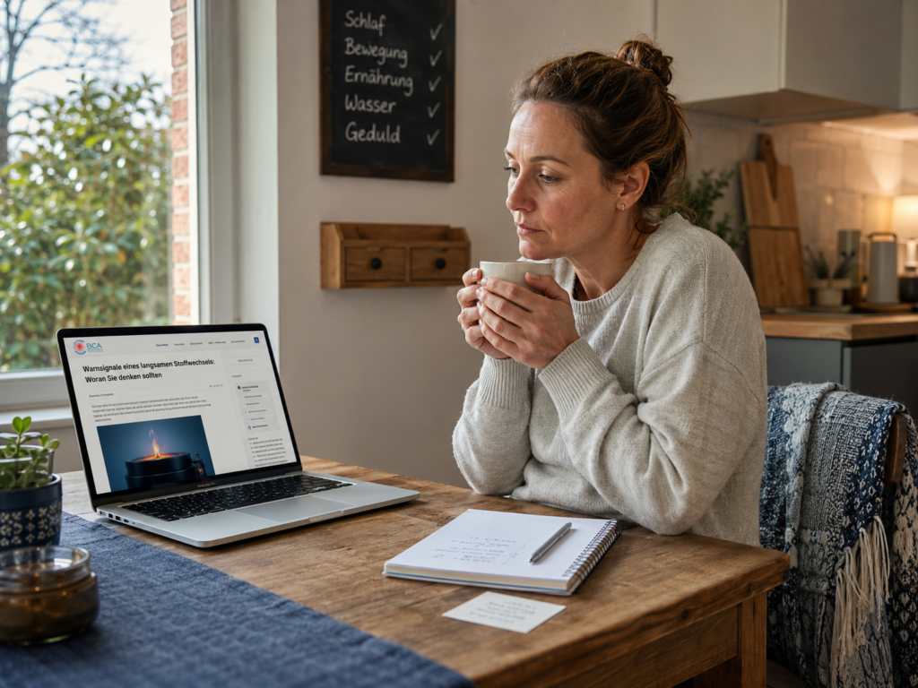 Frau mit warmer Tasse liest am Laptop über Anzeichen eines langsamen Stoffwechsels