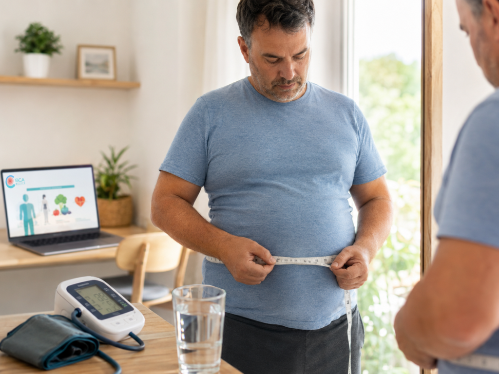 Mann misst seinen Bauchumfang als frühes Warnzeichen für Symptome des metabolischen Syndroms