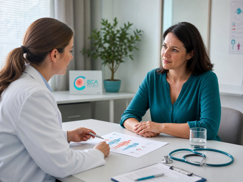 Eine Ärztin bespricht in einer ruhigen Kliniksituation mit einer Patientin einen Gesundheitsplan; auf dem Tisch liegen Unterlagen, Stethoskop und ein Glas Wasser.