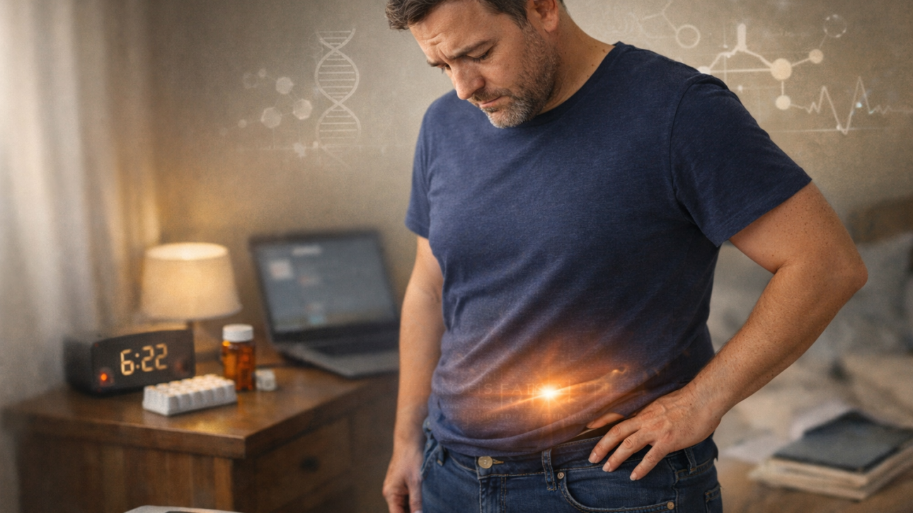 Mann mittleren Alters blickt nachdenklich auf eine Waage, während Symbole für Hormone, Stress und Schlafmangel im Hintergrund auf mögliche Ursachen von Gewichtszunahme hinweisen