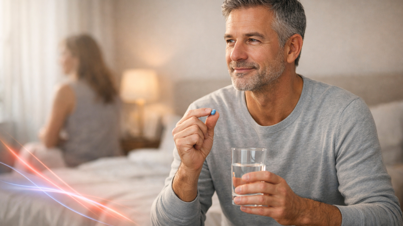Selbstbewusster Mann mittleren Alters sitzt entspannt im Schlafzimmer und hält eine Tablette sowie ein Glas Wasser in der Hand, während im Hintergrund unscharf eine Partnerin zu sehen ist, symbolisch für die Behandlung von Erektionsstörungen.