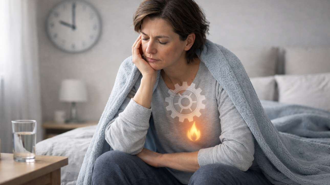 Erschöpfte Frau sitzt mit Decke auf dem Bett und symbolisiert einen langsamen Stoffwechsel mit Müdigkeit und Energiemangel