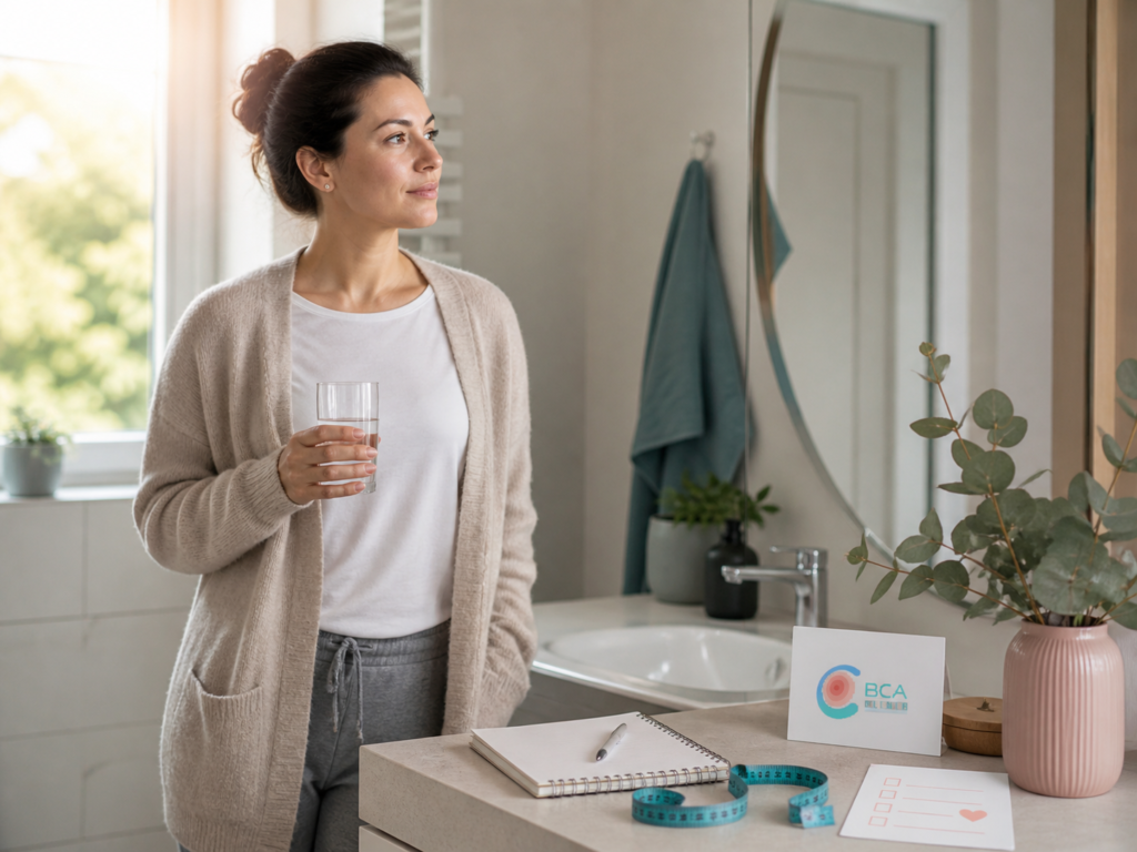 Eine Frau steht morgens nachdenklich mit einem Glas Wasser im Badezimmer, daneben liegen Notizbuch, Checkliste und Maßband zur bewussten Gesundheitsreflexion.