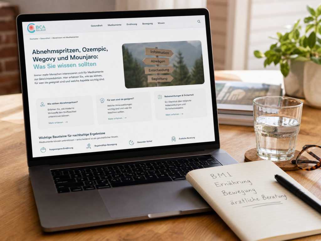 Laptop auf einem Schreibtisch mit deutschsprachiger Informationsseite zu Abnehmspritzen, daneben Notizen zu BMI, Ernährung, Bewegung und ärztlicher Beratung.