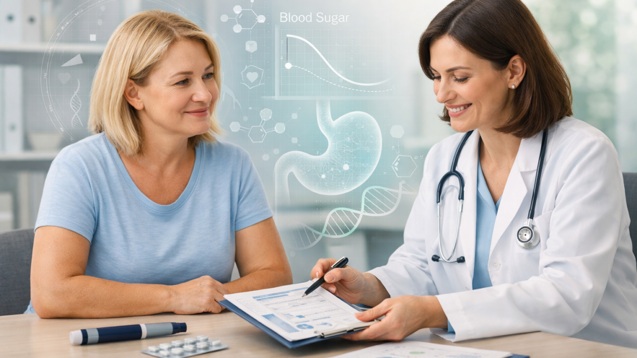 Ärztin berät Patientin in moderner Praxis zu GLP-1-Therapie, mit medizinischen Unterlagen und symbolischen Darstellungen von Stoffwechsel, Blutzucker und Verdauung im Hintergrund