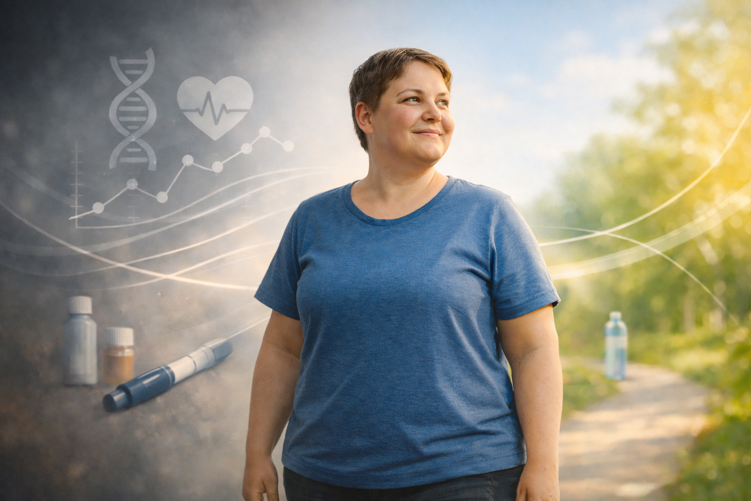 Selbstbewusste Person auf einem sonnigen Weg mit medizinischen Symbolen im Hintergrund als Darstellung moderner Adipositas-Behandlung und ganzheitlicher Gesundheitsverbesserung