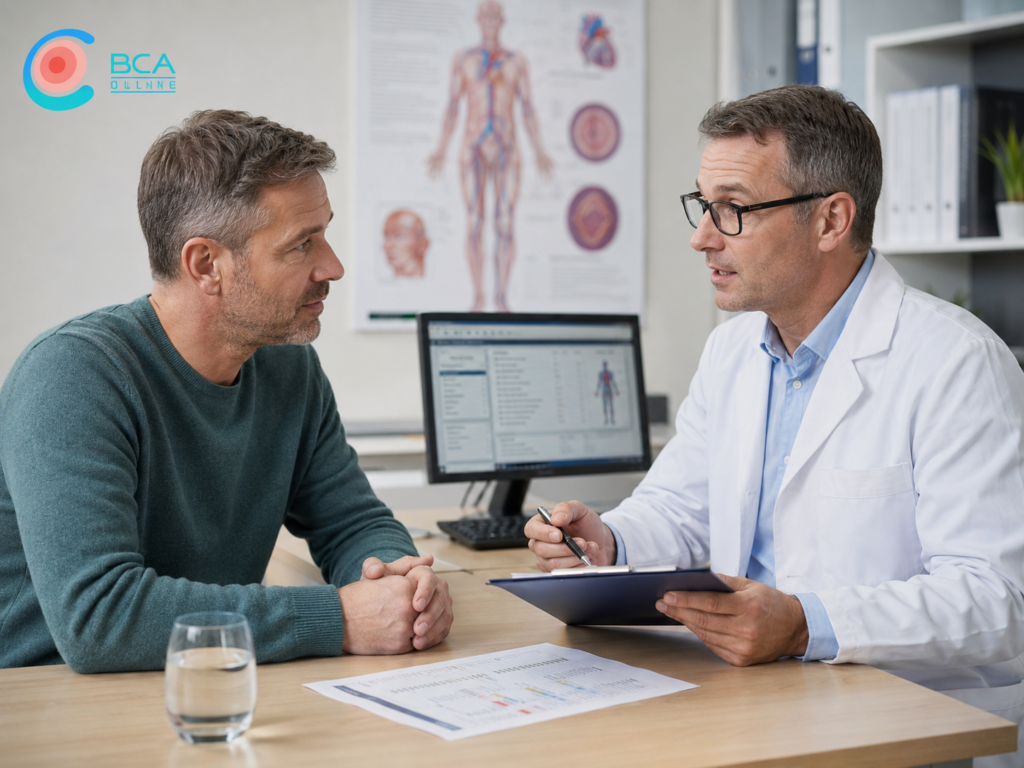 Arzt im Gespräch mit Patient über erektile Dysfunktion, Diagnostik und Behandlungsmöglichkeiten