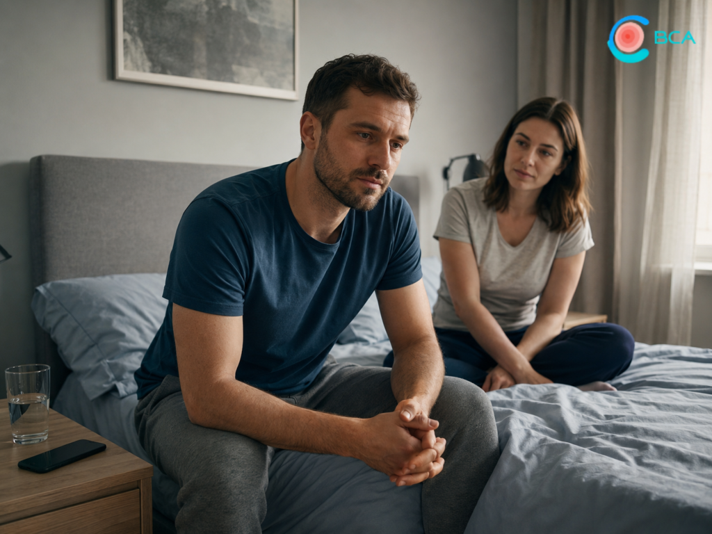 Mann sitzt nachdenklich auf dem Bett, während seine Partnerin ihn bei Erektionsproblemen verständnisvoll unterstützt