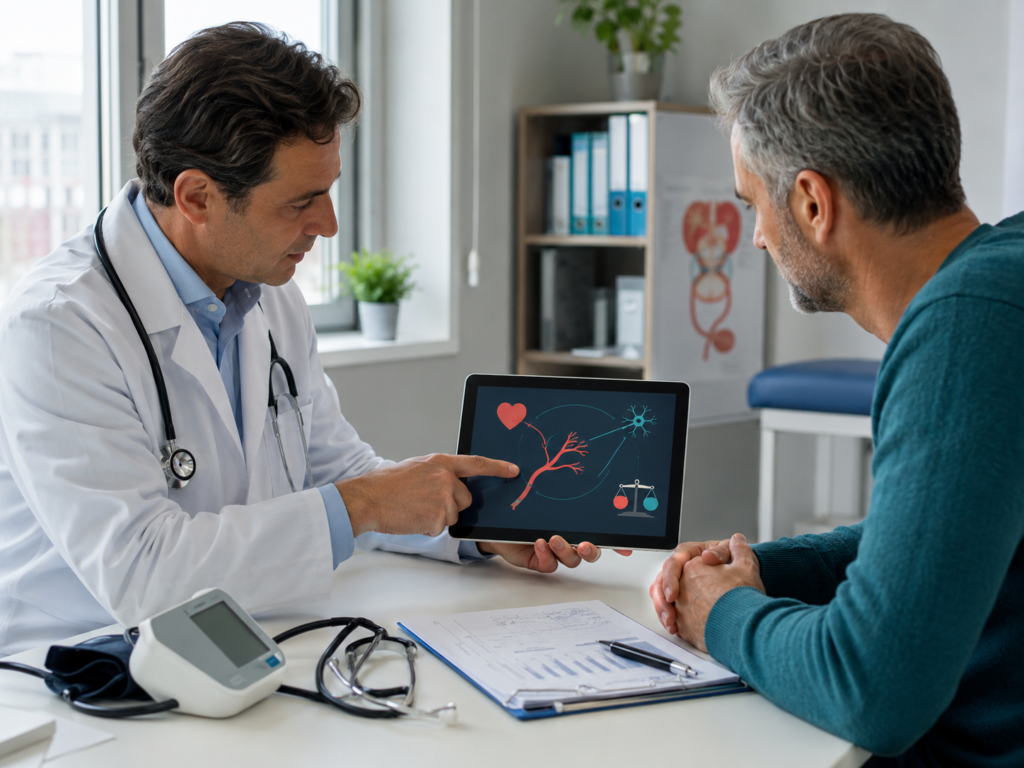 Arzt erklärt einem Patienten mögliche Ursachen von Erektionsproblemen anhand einer medizinischen Grafik