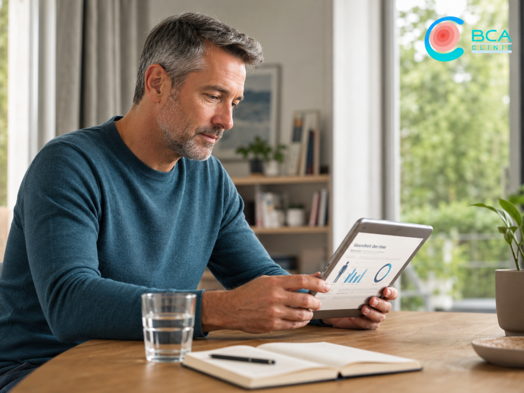 Ruhige Szene eines Mannes, der zu Hause Gesundheitsinformationen über Erektionsprobleme auf einem Tablet liest