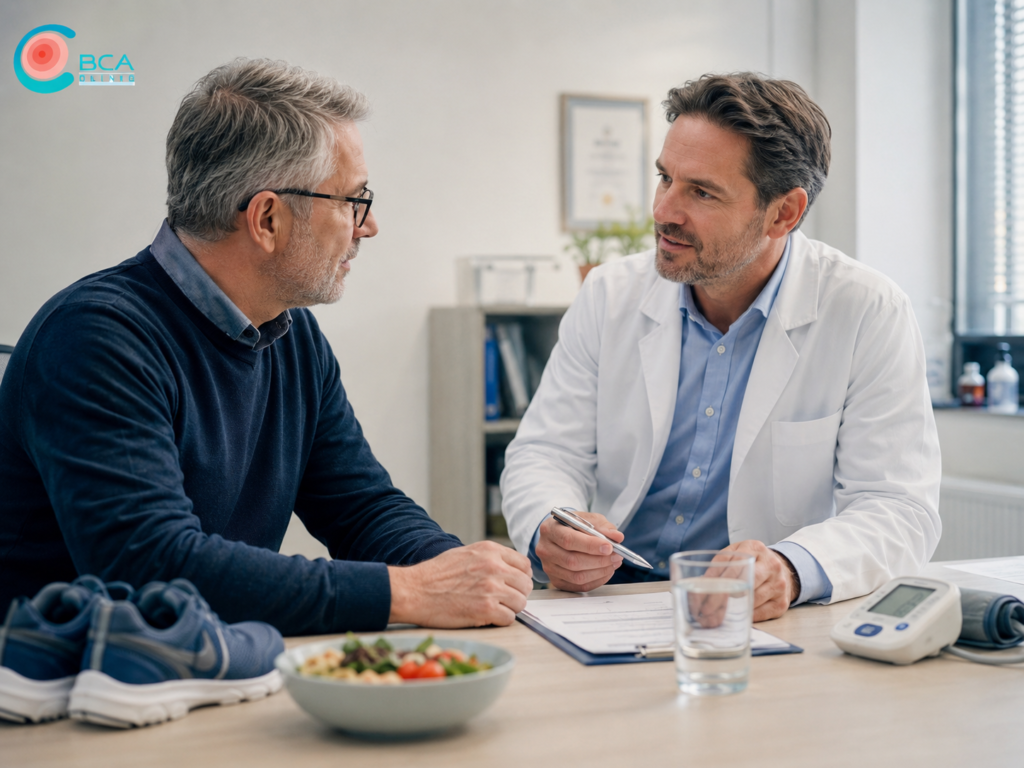 Mann spricht mit Arzt über Erektionsstörungen und Gesundheitscheck