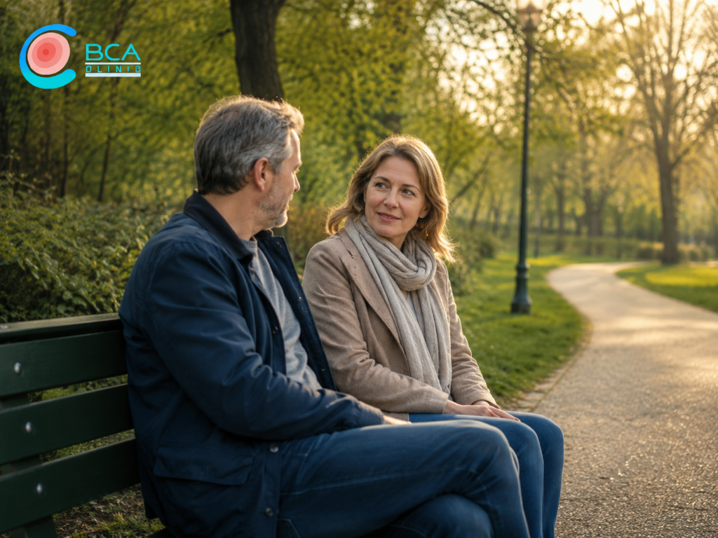 Paar spricht offen im Park über Erektionsstörungen, Gesundheit und gemeinsame nächste Schritte