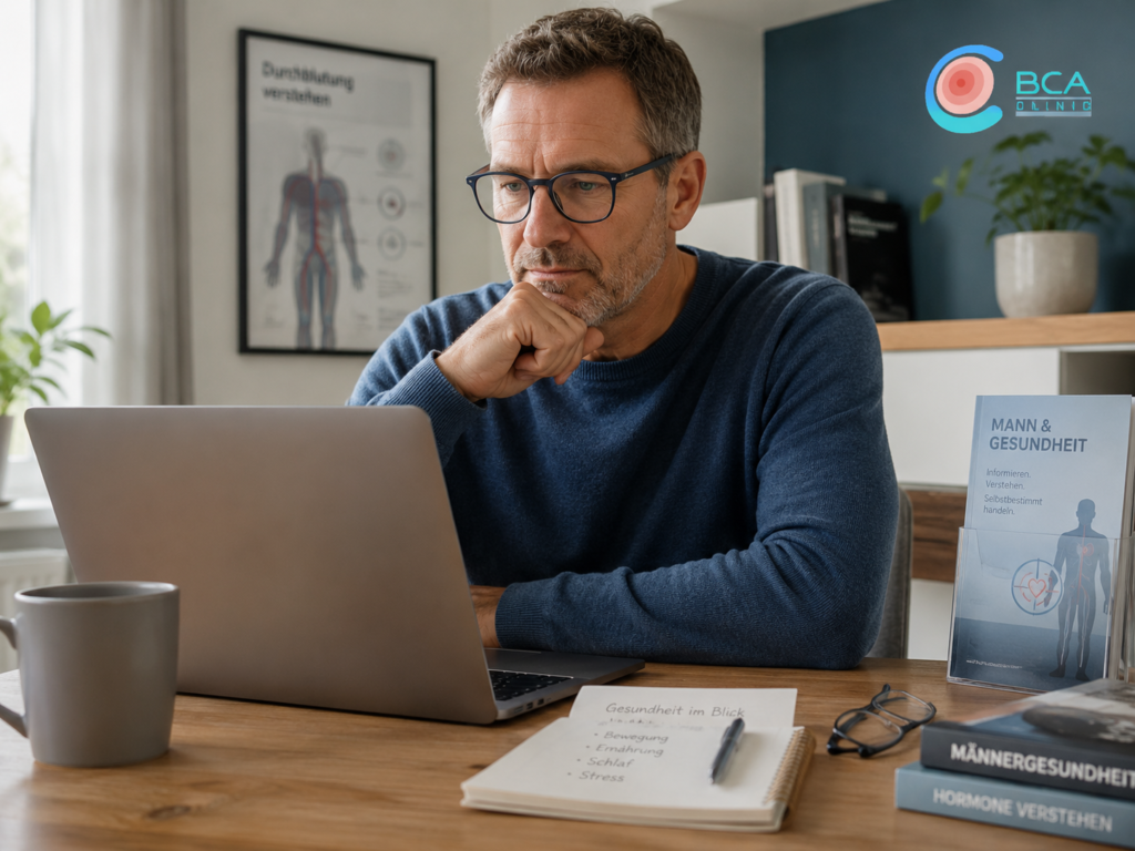 Mann informiert sich am Laptop über Erektionsstörungen und Männergesundheit