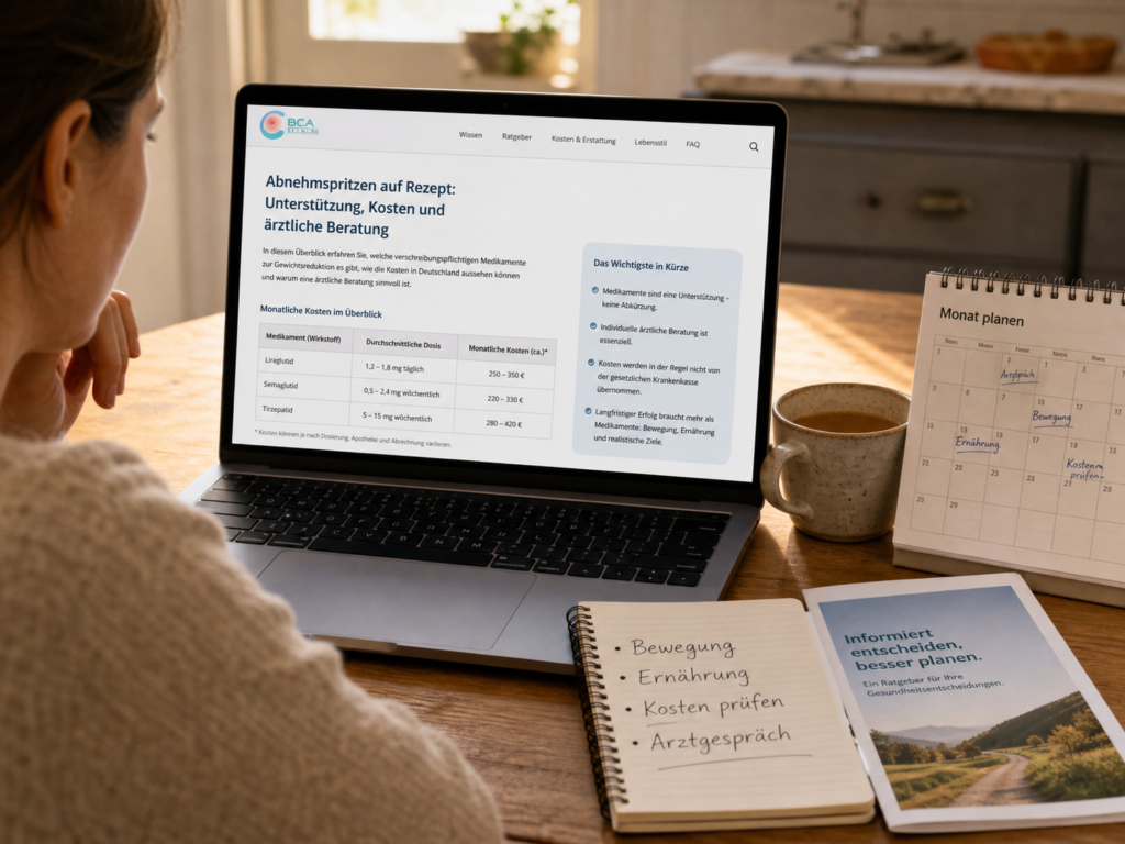 Person am Küchentisch informiert sich am Laptop über Abnehmspritzen auf Rezept, monatliche Kosten und ärztliche Beratung; daneben liegen Planungsnotizen, Kalender und eine Tasse Tee.