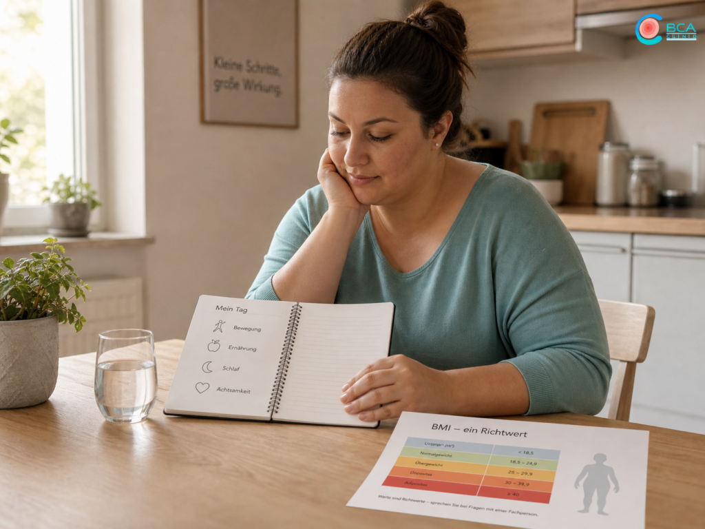 Person am Küchentisch mit Gesundheitstagebuch, Wasserglas und BMI-Infoblatt zur bewussten Einordnung früher Gesundheitszeichen.