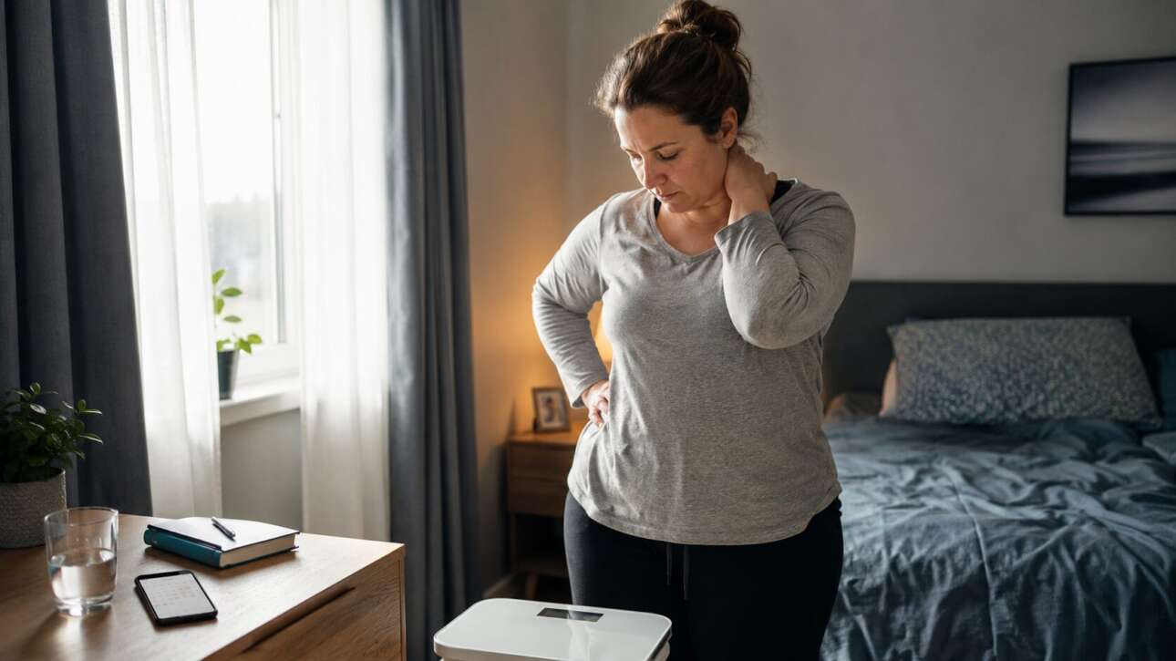 Frau betrachtet nachdenklich eine Personenwaage im Schlafzimmer – mögliche Ursachen für Gewichtszunahme wie Stress, Schlafmangel und hormonelle Veränderungen