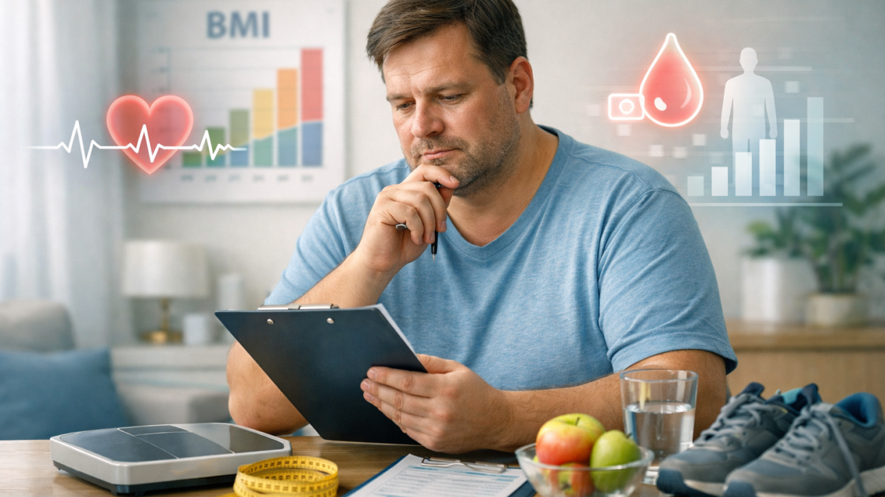 Nachdenklicher Mann in heller Wohnumgebung mit Klemmbrett, Waage, Maßband und Sportschuhen, dazu dezente Gesundheitsgrafiken zu BMI, Herz und Blutzucker.