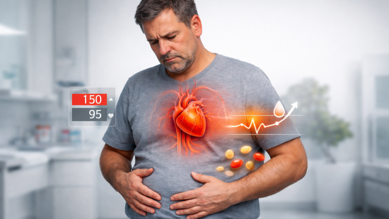 Mann mittleren Alters mit besorgtem Blick hält seinen Bauch, während medizinische Overlays Herz, Blutdruck, Blutzucker und Fettstoffwechsel als Warnzeichen des metabolischen Syndroms zeigen.