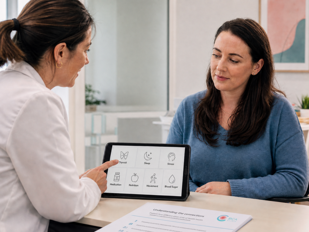 Ärztin bespricht mit einer Patientin mögliche medizinische und alltägliche Ursachen für Gewichtszunahme anhand eines Tablets.