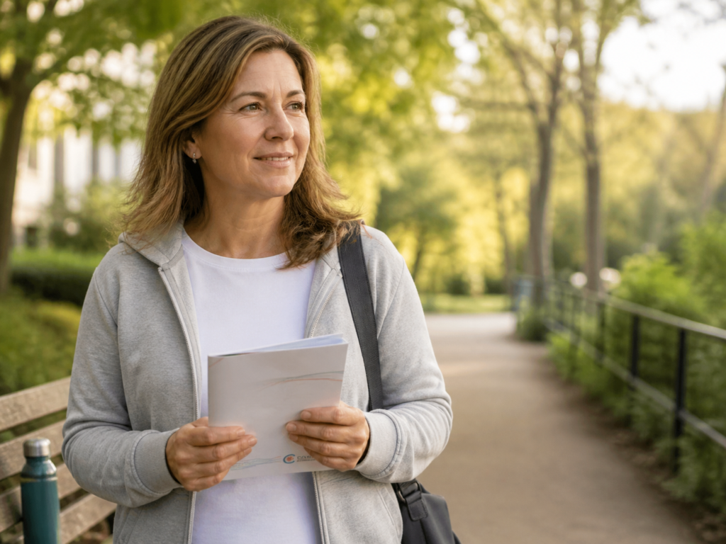 Eine Frau steht auf einem ruhigen Parkweg und hält ein Informationsblatt in der Hand; neben ihr steht eine Trinkflasche auf einer Bank.