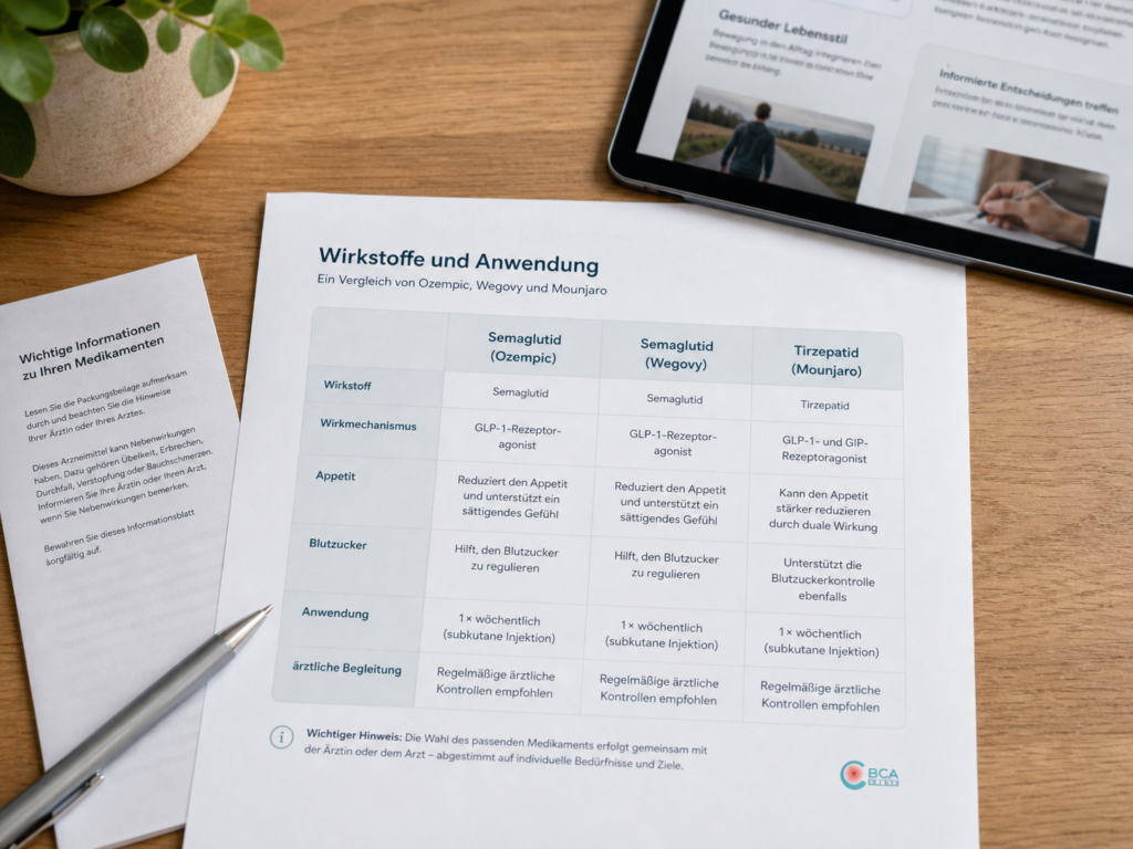 Vergleichstabelle zu Semaglutid und Tirzepatid auf einem Informationsblatt, daneben ein Stift, ein Beipackzettel und ein Tablet mit Gesundheitsinformationen.