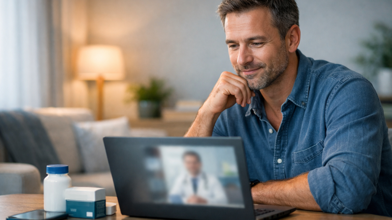 Mann sitzt entspannt zu Hause vor einem Laptop in einer telemedizinischen Videosprechstunde; auf dem Tisch liegen Smartphone und Medikamentenpackung.