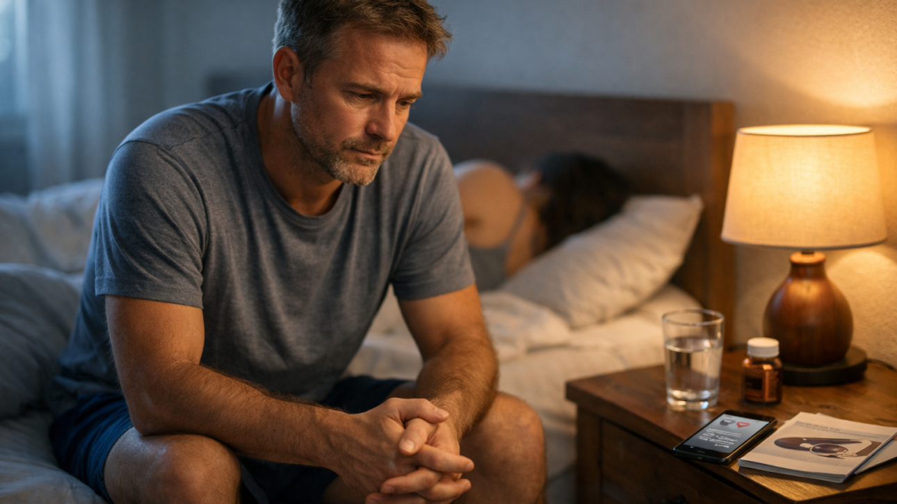 Nachdenklicher Mann sitzt am Bettrand mit Sorgen über Erektionsprobleme, während seine Partnerin unscharf im Hintergrund liegt