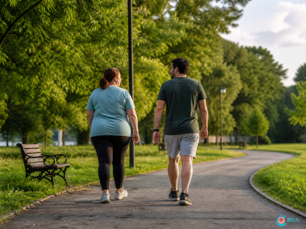 Zwei Erwachsene mit unterschiedlichen Körperformen gehen entspannt auf einem Parkweg und stehen für Bewegung im Alltag, Prävention und langfristige Gesundheit.