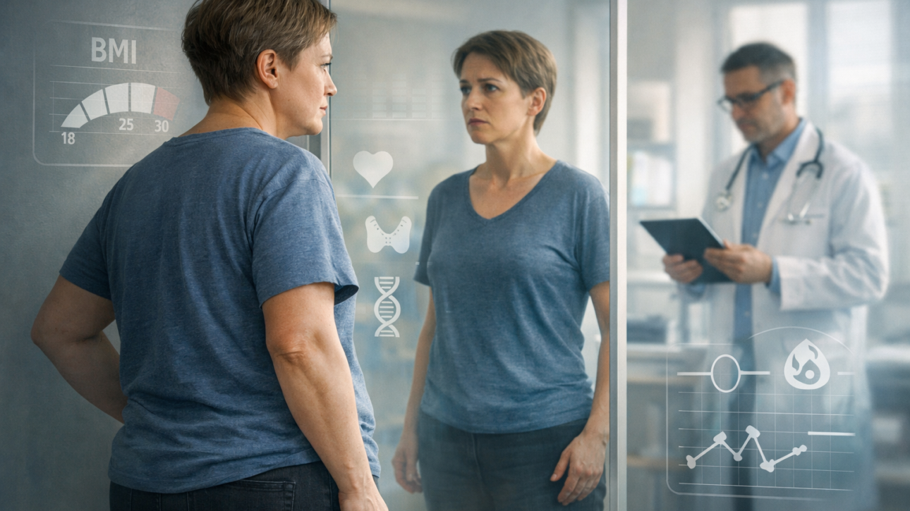 Eine besorgte Person betrachtet ihr Spiegelbild, das deutlich schlanker wirkt, während im Hintergrund ein Arzt in einer modernen Praxis medizinische Daten analysiert – Symbol für unerklärlichen Gewichtsverlust und professionelle Diagnose.