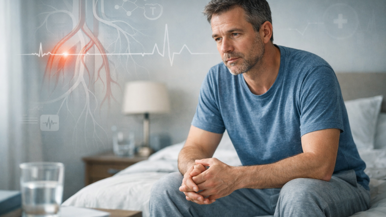 Ein nachdenklicher Mann mittleren Alters sitzt am Bettrand in einem hellen Schlafzimmer, während dezente grafische Darstellungen von Blutgefäßen und Herzfrequenz im Hintergrund auf gesundheitliche Ursachen von Erektionsstörungen hinweisen.