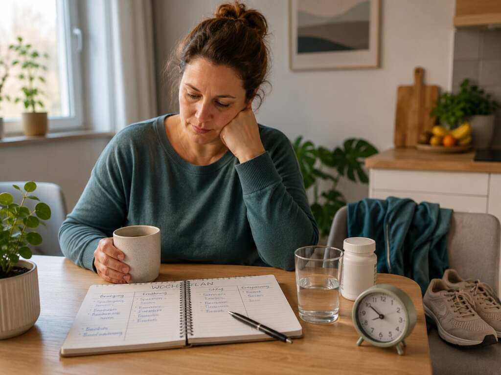 Frau prüft Schlaf, Bewegung, Medikamente und Alltagsgewohnheiten als mögliche Ursachen der Gewichtszunahme