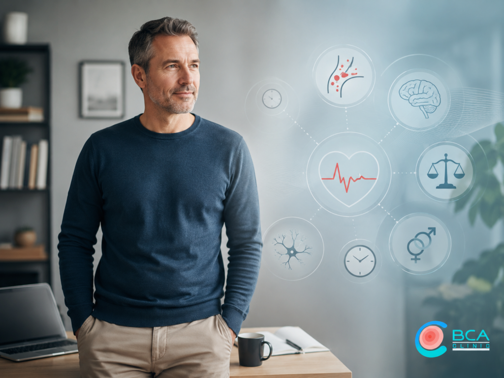 Mann mit Infografik zu Ursachen von Erektionsstörungen wie Durchblutung, Hormonen, Stress und Herz-Kreislauf-Gesundheit