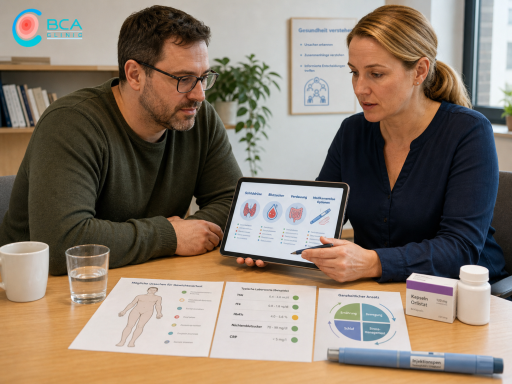 Eine Patientin bespricht mit einer medizinischen Fachperson mögliche Ursachen von Gewichtsverlust und schaut gemeinsam auf erklärende Unterlagen und ein Tablet.