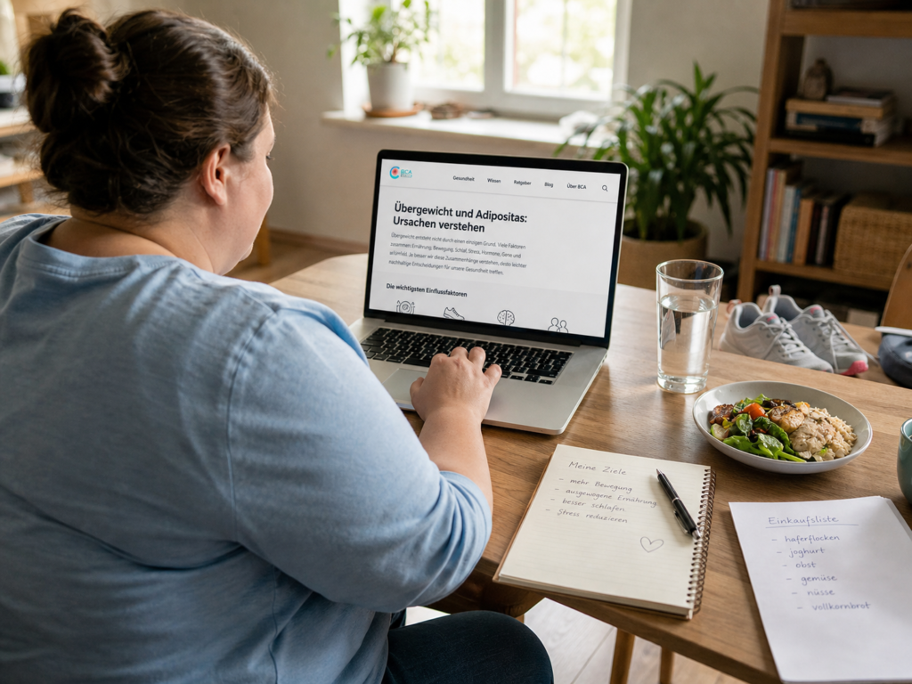 Eine Frau mit kräftiger Statur sitzt an einem Holztisch und liest auf ihrem Laptop einen deutschsprachigen Gesundheitsartikel über die Ursachen von Übergewicht und Adipositas. Auf dem Tisch stehen ein Glas Wasser, ein Teller mit Essen, ein Notizbuch und ein Einkaufszettel; im Hintergrund stehen Sportschuhe.