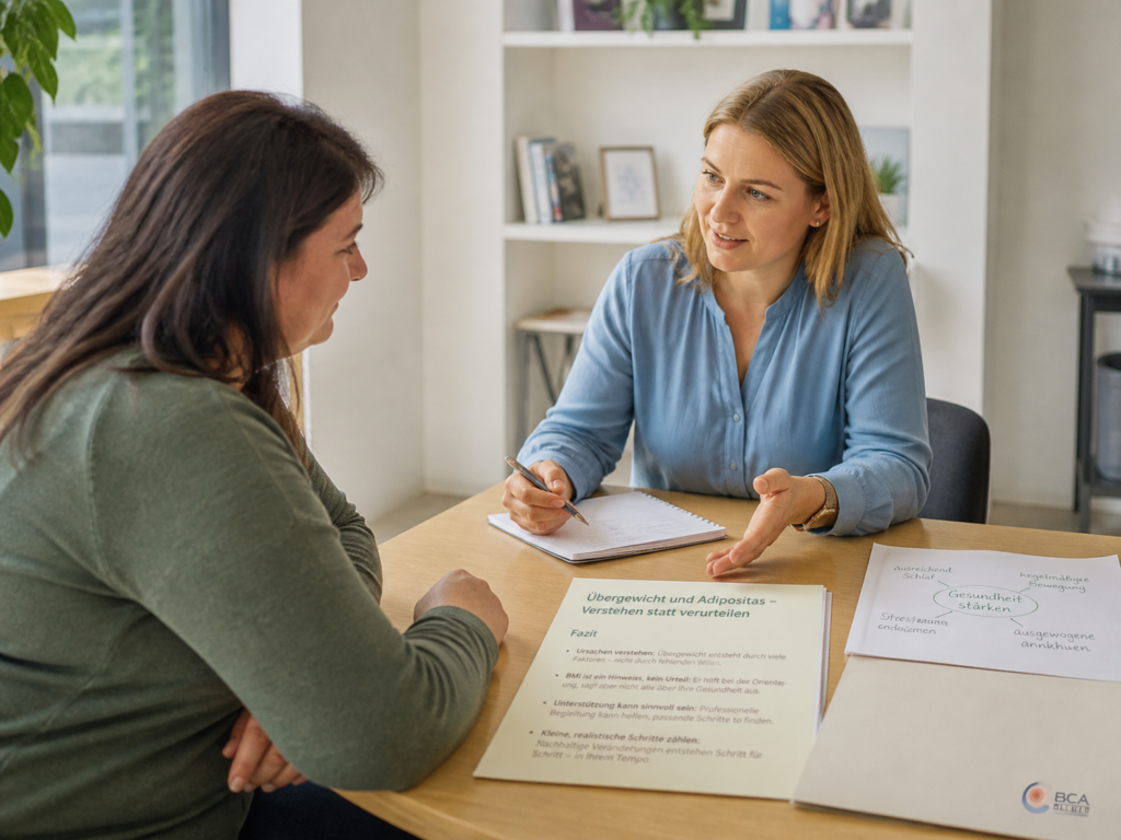 Eine Frau sitzt in einer ruhigen Beratungssituation an einem Tisch und spricht mit einer unterstützenden Fachperson. Auf dem Tisch liegen Notizen und Informationsunterlagen zu Übergewicht und Adipositas; die Szene vermittelt Orientierung, Verständnis und realistische nächste Schritte.