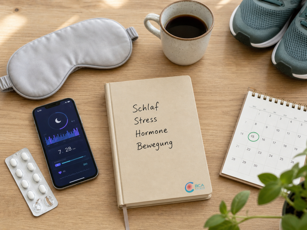 Übersichtliche Tischszene mit Schlafmaske, Kaffee, Medikamentenblister, Kalender, Sportschuhen und Notizbuch zu Schlaf, Stress, Hormonen und Bewegung.