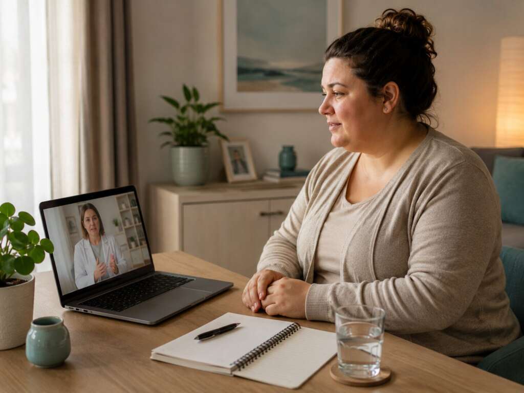 Frau mit Adipositas bei einer ärztlichen Videosprechstunde zur Abklärung von Ursachen, Risiken und Behandlungsmöglichkeiten bei Übergewicht