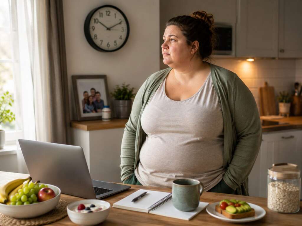 Nachdenkliche Frau mit Adipositas in der Küche zwischen Laptop, Frühstück und Alltagsstress als Symbol für verschiedene Ursachen von Übergewicht