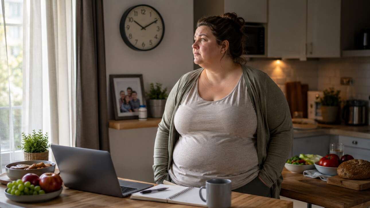 Nachdenkliche Frau mit Adipositas in einer Küche – Alltag, Stress, Ernährung und Bewegungsmangel als mögliche Ursachen von Übergewicht