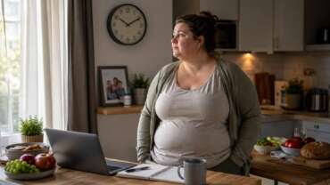 Nachdenkliche Frau mit Adipositas in einer Küche – Alltag, Stress, Ernährung und Bewegungsmangel als mögliche Ursachen von Übergewicht