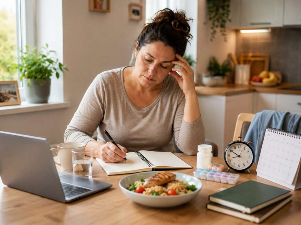 Frau überprüft ihren Alltag bei Gewichtszunahme mit Blick auf Stress, Schlaf, Ernährung und Medikamente