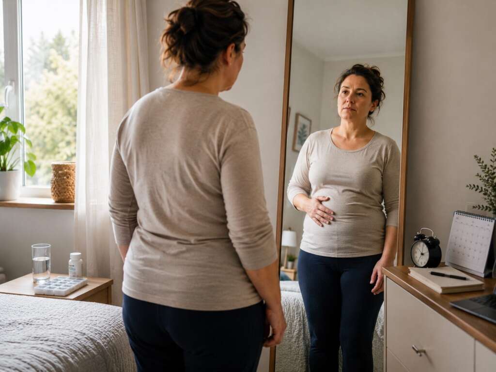 Frau betrachtet nachdenklich ihre Gewichtszunahme im Spiegel – mögliche Ursachen sind Hormone, Stress, Schlafmangel und Medikamente