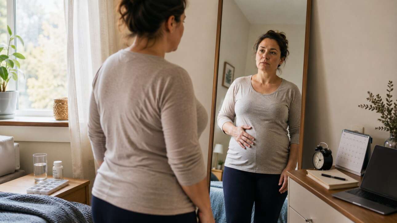Frau betrachtet nachdenklich ihre Gewichtszunahme im Spiegel – mögliche Ursachen wie Hormone, Stress, Schlafmangel und Medikamente
