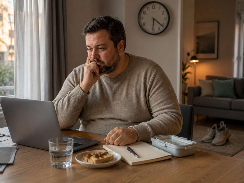 Mann mit Übergewicht im Homeoffice bei langer Bildschirmarbeit als Beispiel für Bewegungsmangel, Stress und unregelmäßige Essgewohnheiten
