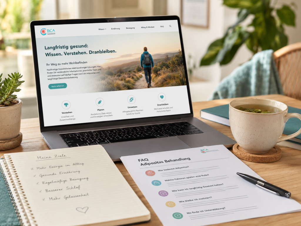 Laptop mit Adipositas Behandlung FAQ, Gesundheitszielen und BCA Logo auf einem ruhigen Arbeitsplatz