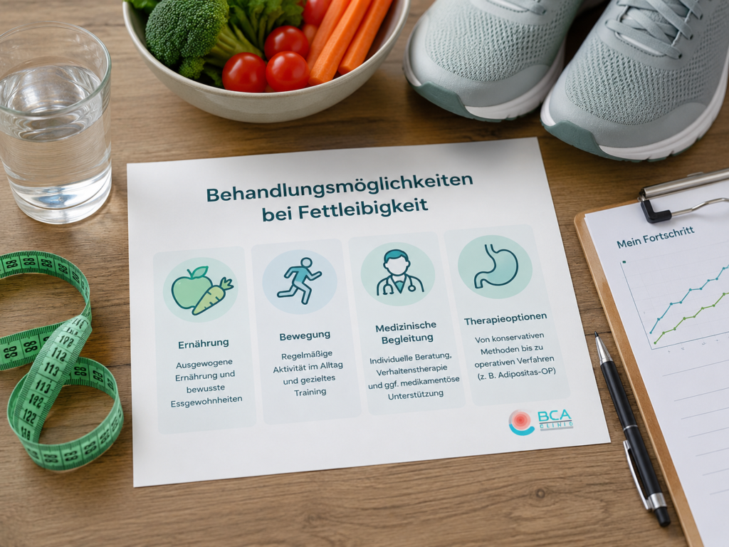 Infoblatt zu Behandlungsmöglichkeiten bei Fettleibigkeit mit Ernährung, Bewegung, medizinischer Begleitung und Fortschrittsplan
