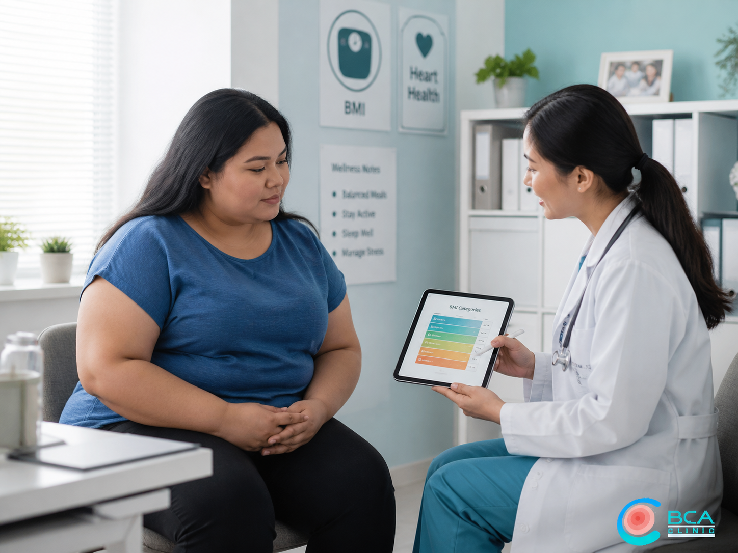 Ärztin erklärt einer Patientin in einer hellen Praxis anhand eines Tablets BMI-Werte und frühe Anzeichen von Übergewicht.
