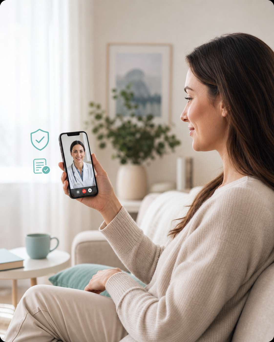 Frau nutzt zu Hause ihr Smartphone für eine diskrete Online-Beratung mit einer Ärztin.