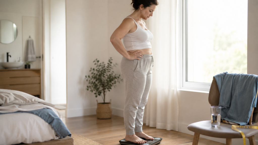 Frau prüft Gewichtszunahme Symptome mit Waage und Gesundheitsinformationen am Laptop