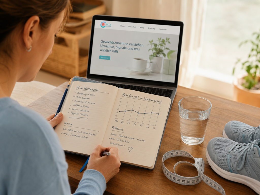 Gesundheitsjournal zur Gewichtszunahme mit Wochenverlauf, Maßband und Bewegungsschuhen